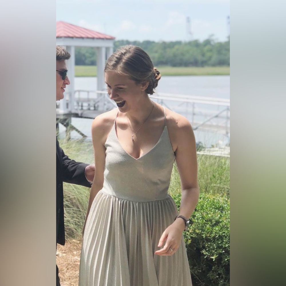 elevenses Silver Shimmer V-Neck Pleated Midi Dress from Anthropologie